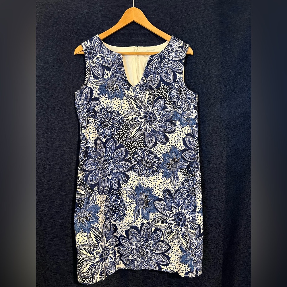 London Times Blue and White Sheath Midi Dress